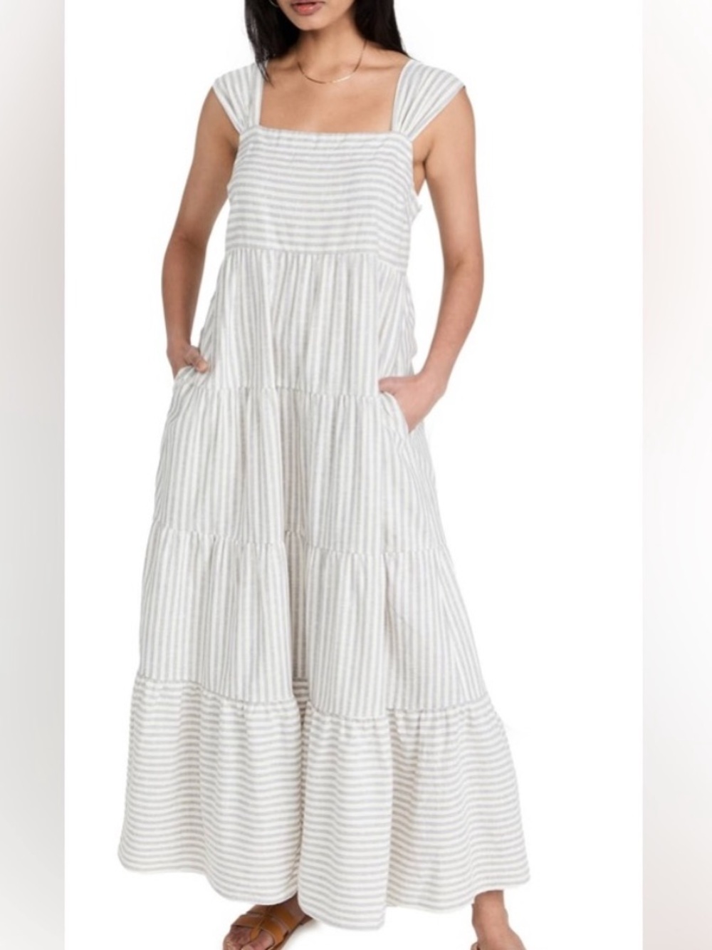 Madewell Hemp Cotton Striped Tiered Maxi Dress in Light Gray and Cream Size XS